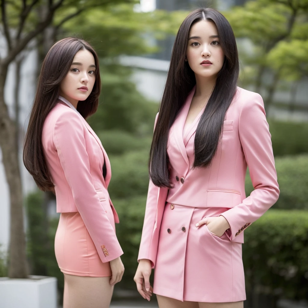 Front view,1 girl,solo,(((Anne-Marie Alto))) ,long hair, wear a tight pink suit, tight skirt ,(short skirt),looking at camera,25 years old, (((Anne-Marie Alto))), in the Tokyo city