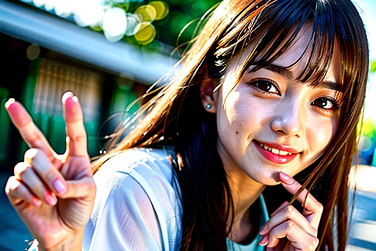A woman in her twenties with long brown hair pointing only her index finger upwards, Photo of slim girl model, likeい日本人女性, Characteristics of Japan people, like々New charm, Attractive girl, Smiling、Highest quality、Professional photography、Realistic photos、Highest quality、high quality、The image quality is incredibly high with 32k resolution.、Capture every detail in stunning clarity。
