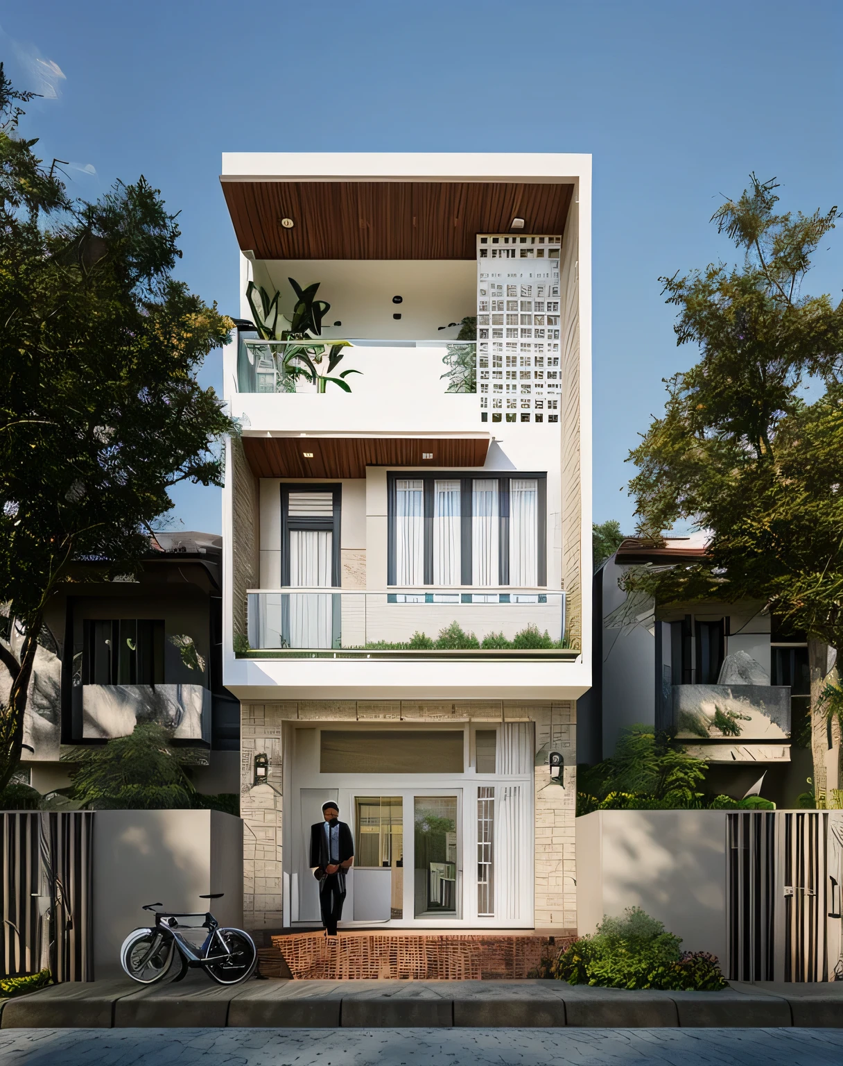 Exterior of house, mordern material decorations, (canopy in front of house:1.4), (a road in front of house:1.3), tree, sky, cloud, morning weather.