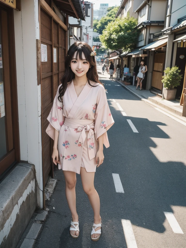 a full body Photo of a Japanese Girl on the Street in Summer. She is 29 years old as known as a member of Japanese Idol Nogizaka46 is smiling faintly. (Documentary photo Style, Digital Photo Medium, Natural Lighting, High Angle)