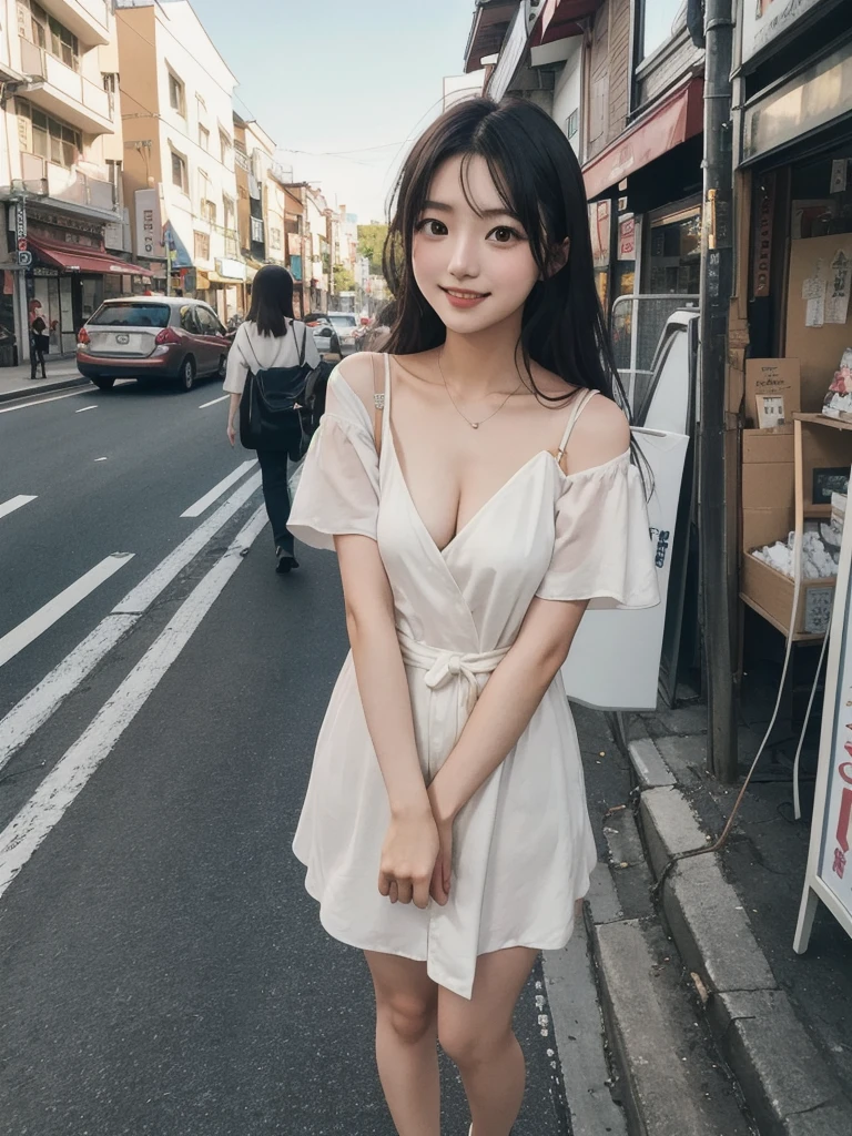 a full body Photo of a Japanese Girl on the Street in Summer. She is 29 years old as known as a member of Japanese Idol Nogizaka46 is smiling faintly. (Documentary photo Style, Digital Photo Medium, Natural Lighting, High Angle)