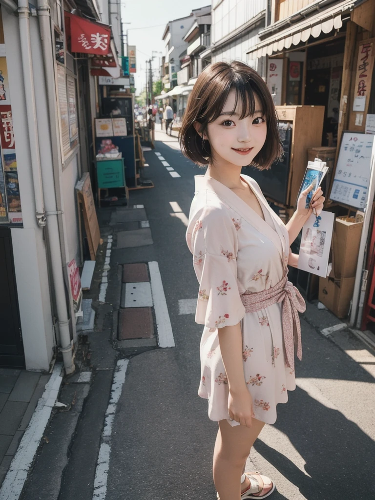 a full body Photo of a Japanese Girl on the Street in Summer. She is 29 years old as known as a member of Japanese Idol Nogizaka46 is smiling faintly. (Documentary photo Style, Digital Photo Medium, Natural Lighting, High Angle)