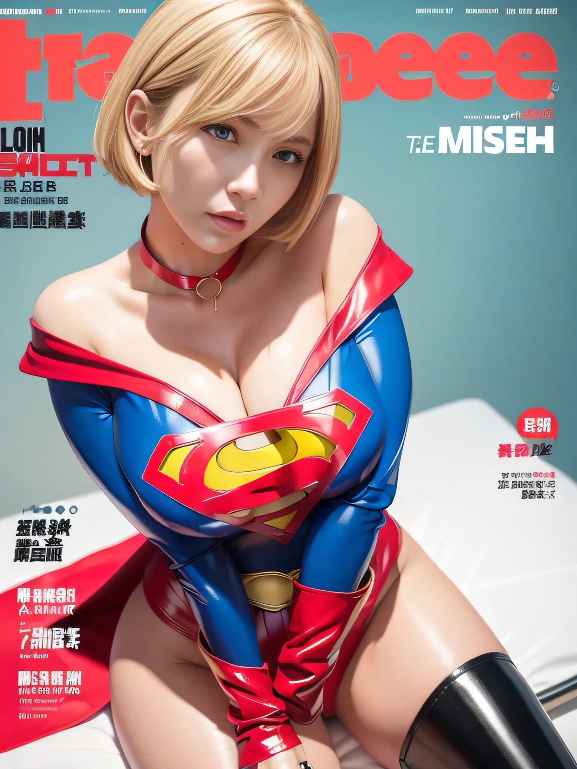 masterpiece、Enamel Supergirl Costume、short hair、operating table、Patent leather boots、Big and ample breasts、choker、Long sleeve、Red mini skirt、Looking at the camera、Off the shoulder、Boasting beautiful legs、Weekly magazine cover、Skin glistening with sweat、