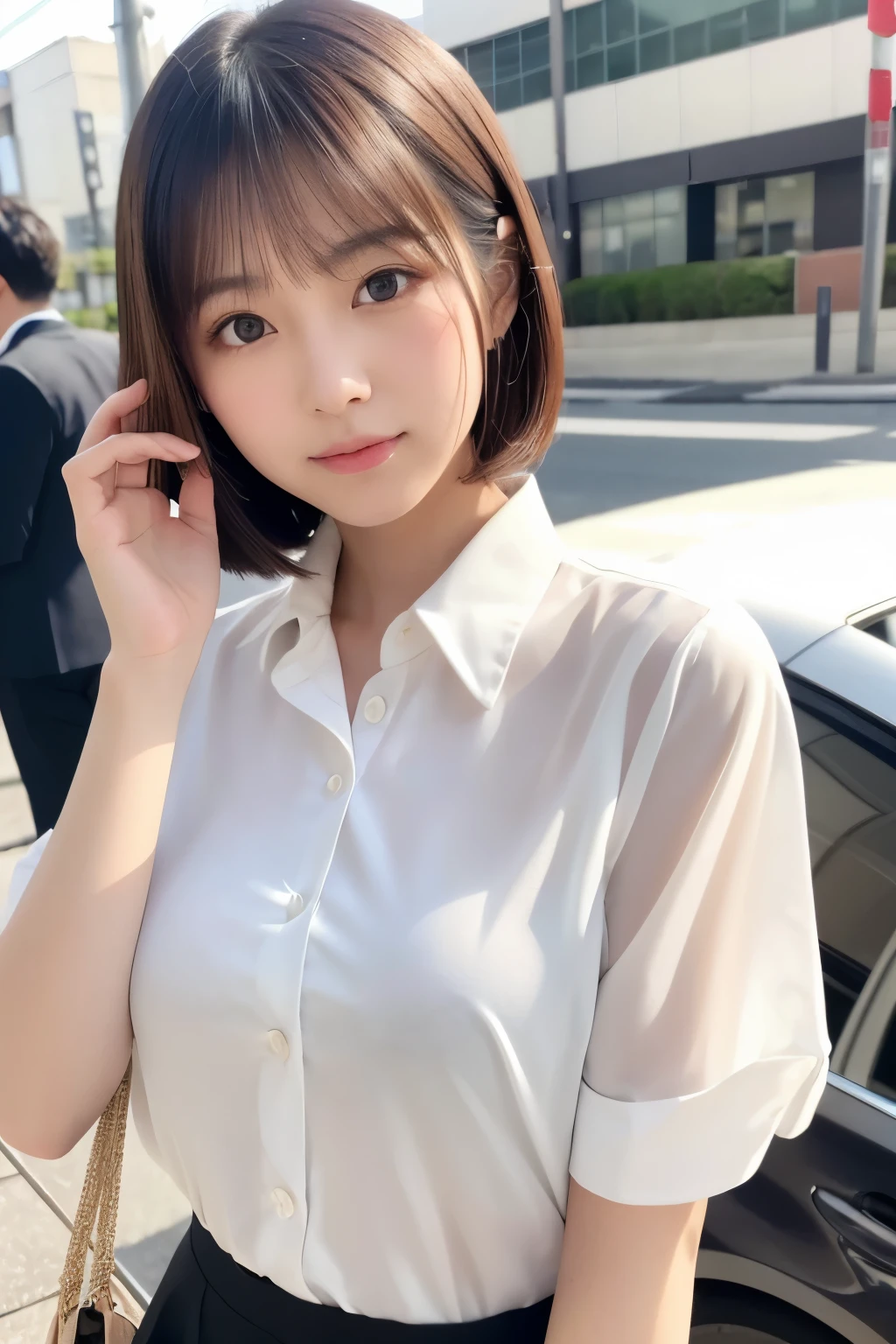 Smooth white tight clothing suit, Office Clothes, Elegant slim beige shirt, sakimichan, Wearing a blouse, Cream colored blouse, Business Attire, Quality white shirt, Work clothes, White blouse, wearing a White blouse, Business casual attire, Wearing a light shirt, Wearing a white shirt、Girl cute beautiful face, Beautiful Japanese girl face, Short hair, Beautiful young Japanese woman, Young and pretty Asian face, Realistic young gravure idol, Young and adorable Japanese face, Gorgeous Young Japanese Woman, Cute young woman, Portrait of a female idol in Japan, Portrait of a Japan teenager