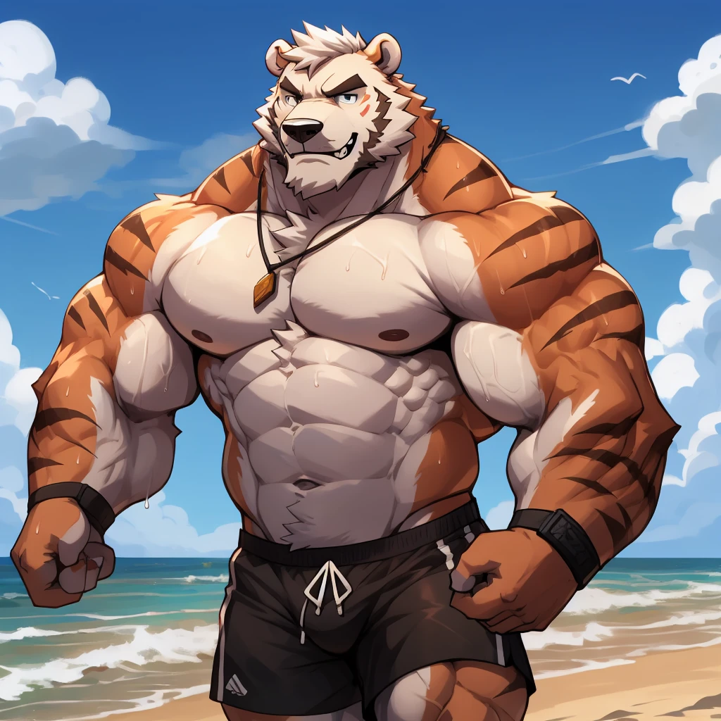 solo, 1boy, Huge Muscular White Polar Bear Dad bod, huge white fur, pectoral, huge pectoral, wide pectoral, short white hair, blue-colored short trunks, black wristbands and shirtless topless, bearded, white Mustache, white fur, tooth necklace, beach background, masterpiece, high detailed, 8k, high resolution, at the beach, running and jogging on the beach being athletic in sweat
