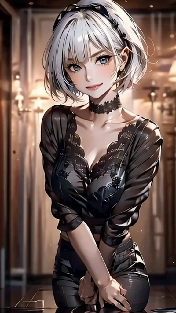 short hair, bangs, curtained hair, crossed bangs, Long Hair, Messy Hair, ponytail, bangs, curtained hair, crossed bangs, Messy Hair, ponytail, Big Hair, ((３７old woman)), Hair Ears, Tying up hair, Hair flap, widow peak, headgear, Hair Ribbon, Hairpin, Hair Pod, 白いHair Ribbon, Mole under the eye, Raise your eyebrows, eyeball, Wicked Smile, crazy, shy, Frowning, Juru, dark (Performance), Captivating smile, Anime Big Tits, Minimalism, Anime Style, Anime Big Tits, Minimalism, Anime Style, viewing angle, From above, Hyper HD, retina, masterpiece, Accurate, Textured skin, Super detailed, high quality, Attention to detail, Awards, (最high quality), High resolution, 16K, Hyper HD, retina, masterpiece, Accurate, Textured skin, Super detailed, (high quality), Attention to detail, Awards, 最high quality), (High resolution, 16K(((White skin))