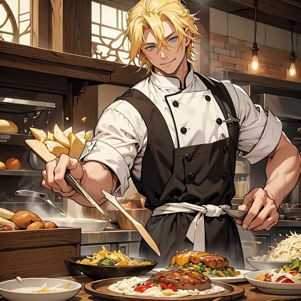 A 22 year old man, blond hair, yellow hair, blue eyes, chef's clothes, wearing a chef's hat, hands hidden, happy expression, medieval period, Ultra HD 4k, 4k, Ultra HD