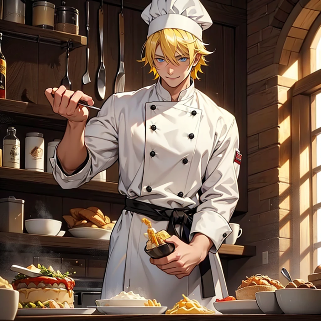 A 22 year old man, blond hair, yellow hair, blue eyes, chef's clothes, wearing a chef's hat, hands hidden, happy expression, medieval period, Ultra HD 4k, 4k, Ultra HD