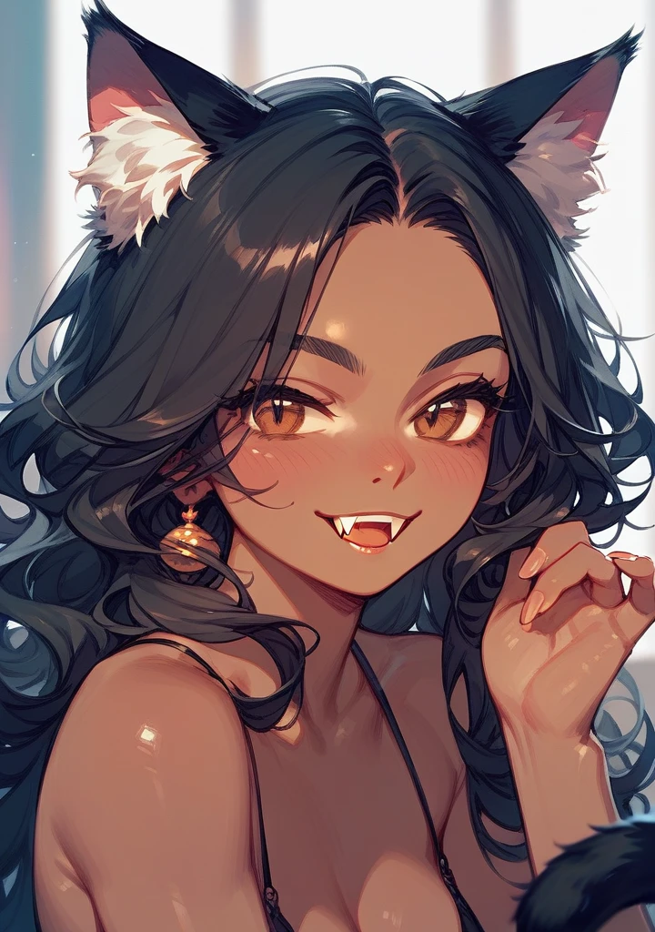 Half body, A beautiful woman, long wavy black hair, brown eyes, dark clothing, cat ears and tail, fangs, 