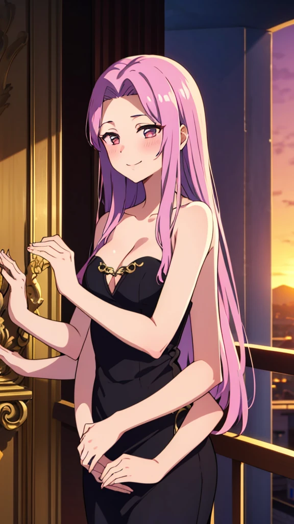 (1girl,20 years old),rainbow hair,long hair,medusa hair,black dress, sleeveless,bare shoulders,smile,blush,extra arms,four arms,cleavage,looking at view,sunset,village,on the balcony of a elegante palace,