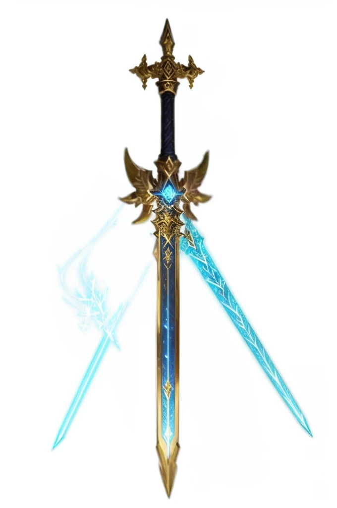a gold sword with a blue light on it, gold sword, golden sword, shinning sword, fantasy sword, beautiful sword, large sword, magical sword, shining sword, sword design, huge sword, greatsword, big sword, glowing sword, excalibur, huge oversized sword, fantasy sword of warrior, sword, giant sword, legendary sword of technology
