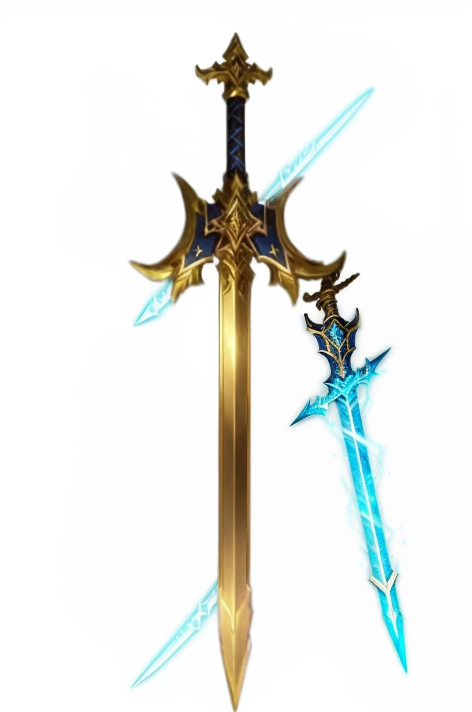 a gold sword with a blue light on it, gold sword, golden sword, shinning sword, fantasy sword, beautiful sword, large sword, magical sword, shining sword, sword design, huge sword, greatsword, big sword, glowing sword, excalibur, huge oversized sword, fantasy sword of warrior, sword, giant sword, legendary sword of technology