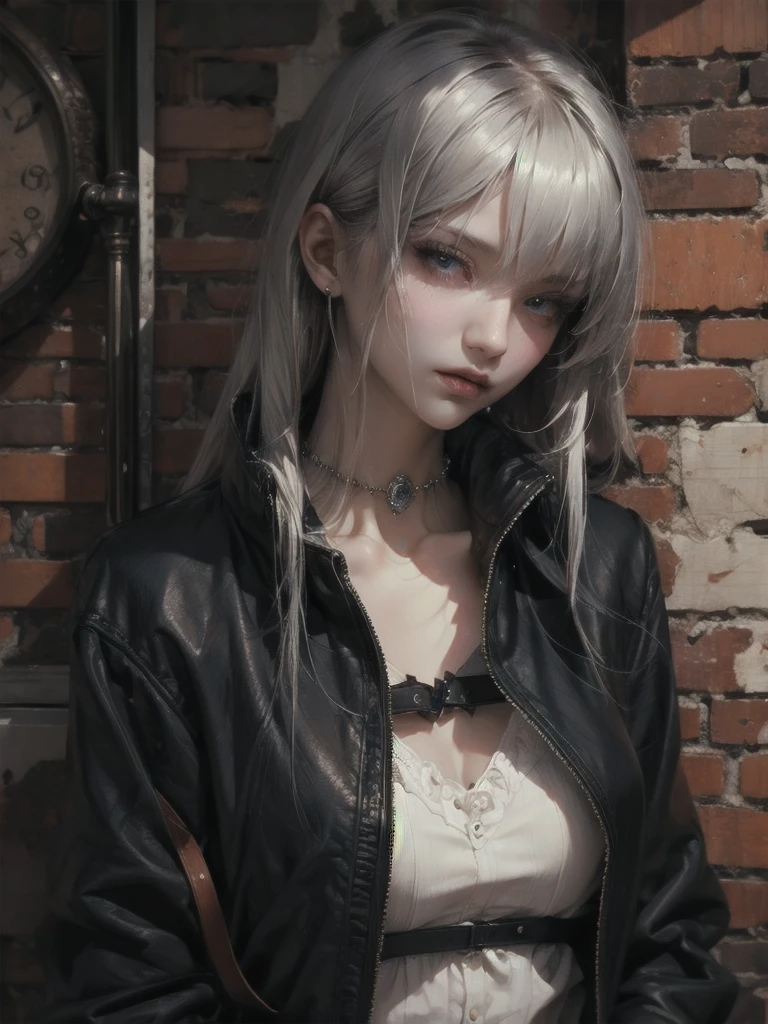 ((Highly accurate drawing in every detail)Extremely precise depiction)[High resolution],(detailed illustrations,Very fine and detailed drawing,Delicate drawn lines with tempo,Realistic texture expression),[color traced main line],dim room[bright[Walls and ceilings with exposed bricks that have deteriorated over time]],(Japanese(very beautiful girl)[14 years old])silver hair (bony and thin body[morbid]SKINNY),[leather [bondage fashion],(Vampire[Ruby-colored eyes]),(Fine and beautiful skin expression [transparency]),((Precisely drawn eyes))[Perfect eyes detailed((Beautiful eyes like jewels)Iris drawn in precise detail)[clearly drawn pupils]],[eyes light[Pinpoint lighting for the eyes]],[long and beautiful eyelashes],[precisely drawn hair],(Perfectly hand detailed [Beautiful fingers with no damage [beautiful nails]]),(perfect anatomy(perfectly balanced proportions))[[full body portrait]],[ideal color coordination(Accurate simulation of light and material interactions)],([Precision Detail](detailed,高fine)),[[Pale and gentle colors]][Visual art that tells a story] [[Eros in the Natural Body]],((highest quality)fine[[High density drawing]])(4K quality).
