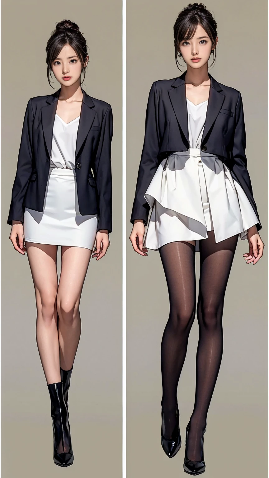 ((masterpiece)),(((Highest quality))),((Character design sheet)),Thin thighs,Long legs,Wearing a black jacket and white shirt、Wearing a super mini skirt，wear black tights，White panties exposed:1.5，Japanese women leaving the nest，Emi with long black hair:1.3), (Light brown hair:1.3), high waist，Wear black high heels，background is gray，whole body