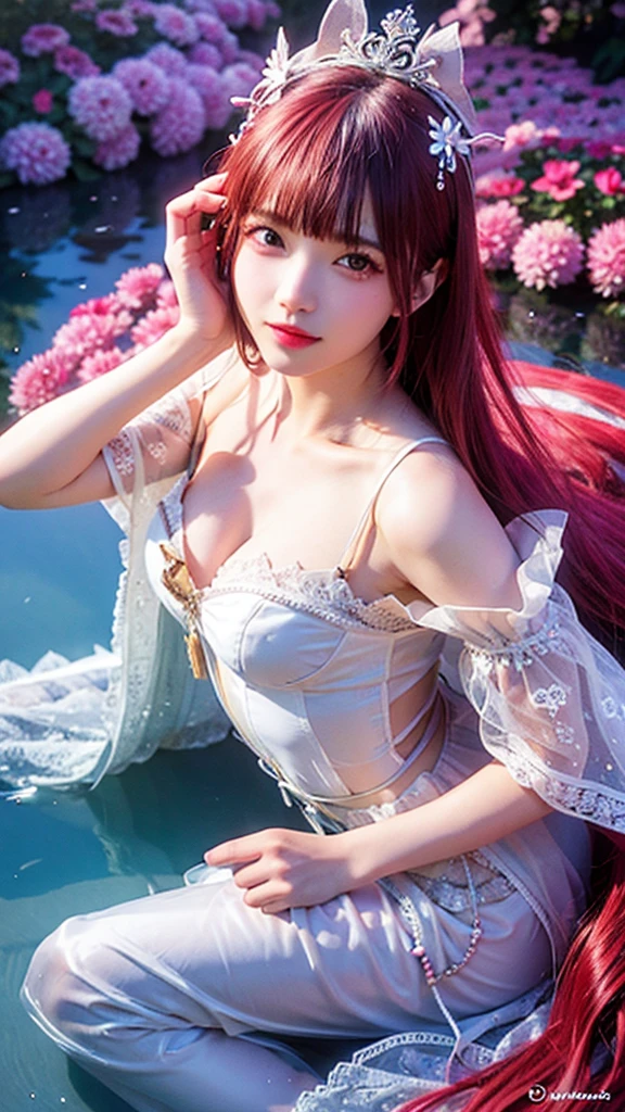 The castle where mermaids live Ocean summer Oceanの鮮やかな生き物 Ocean牛 Sea anemone coral Best Quality, Masterpiece, Ultra High Resolution, (Realisticity: 1.4), Original Photo, 1girl, Pink Off-the-Shoulder, Cinematic Lighting