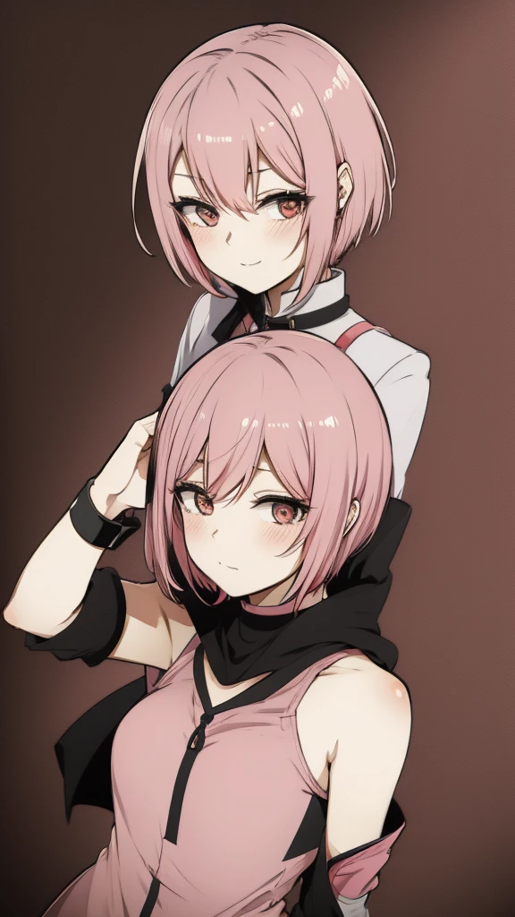 Anime woman with short pink hair taking pictures with cellphone, blushing