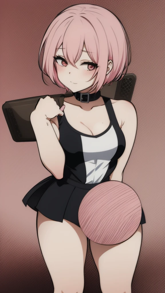 Anime woman with short pink hair taking pictures with cellphone, blushing