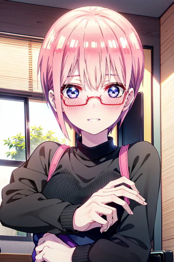 ichikanakano, Nakano Ichika, short hair, bangs, blue eyes, Hair between the eyes, Pink Hair, Grin,smile,Glasses,black tank top shirt,Skinny jeans,Stiletto heels,interior,There is a computer on the table,whole bodyがイラストに入るように,Walking,Daytime,Clear skies,
break indoors, office,
break looking at viewer,whole body,
break (masterpiece:1.2), Highest quality, High resolution, unity 8k wallpaper, (figure:0.8), (Beautiful attention to detail:1.6), Highly detailed face, Perfect lighting, Highly detailed CG, (Perfect hands, Perfect Anatomy),