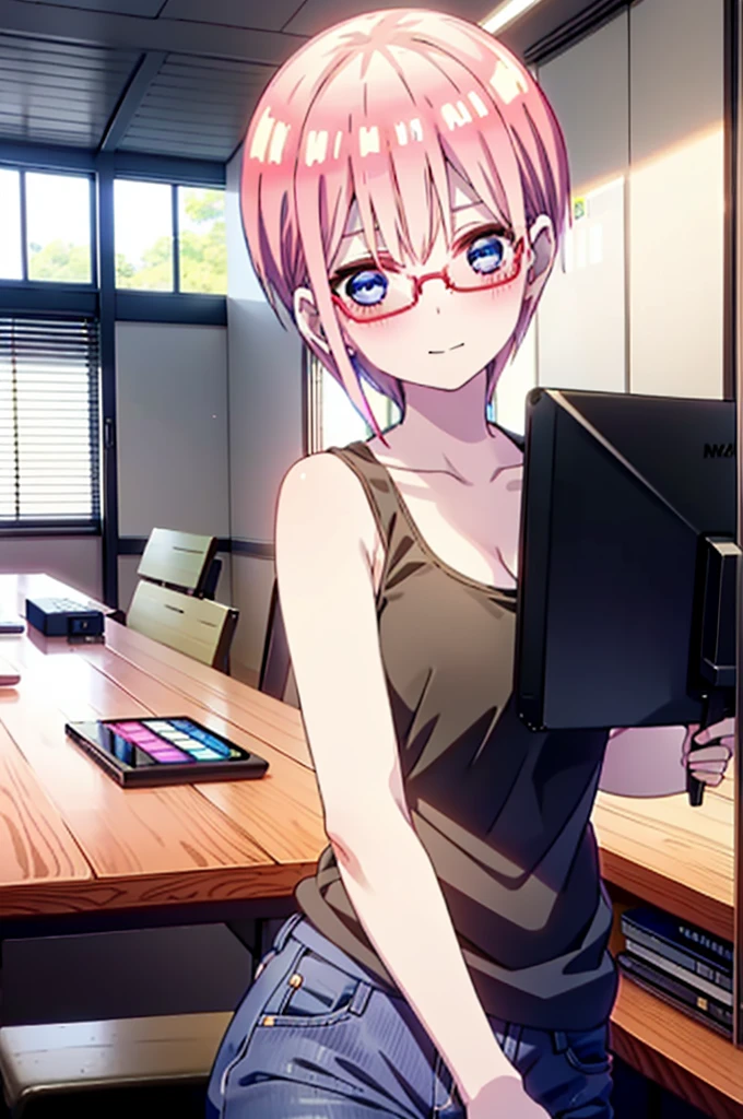 ichikanakano, Nakano Ichika, short hair, bangs, blue eyes, Hair between the eyes, Pink Hair, Grin,smile,Glasses,black tank top shirt,Skinny jeans,Stiletto heels,interior,There is a computer on the table,whole bodyがイラストに入るように,Walking,Daytime,Clear skies,
break indoors, office,
break looking at viewer,whole body,
break (masterpiece:1.2), Highest quality, High resolution, unity 8k wallpaper, (figure:0.8), (Beautiful attention to detail:1.6), Highly detailed face, Perfect lighting, Highly detailed CG, (Perfect hands, Perfect Anatomy),