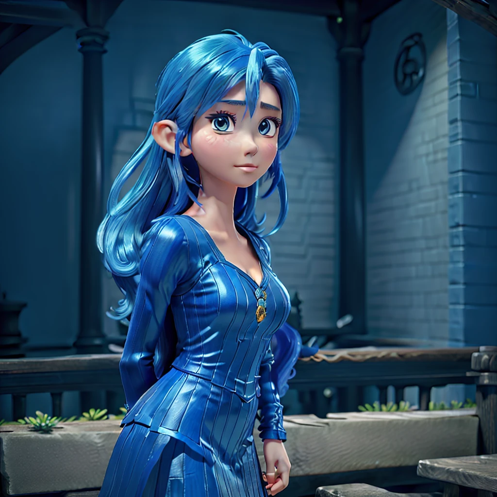 Close-up of a blue-haired woman standing on a fence., Digital art by Kentaro Miura, which is becoming popular in the CGI society, fantasy art, beautiful anime womanมีเสน่ห์, Very beautiful top elf model., Beautiful girl with blue hair, Charming anime girl, beautiful goddess, anime goddess, beautiful anime woman, long flowing blue hair, beautiful young woman