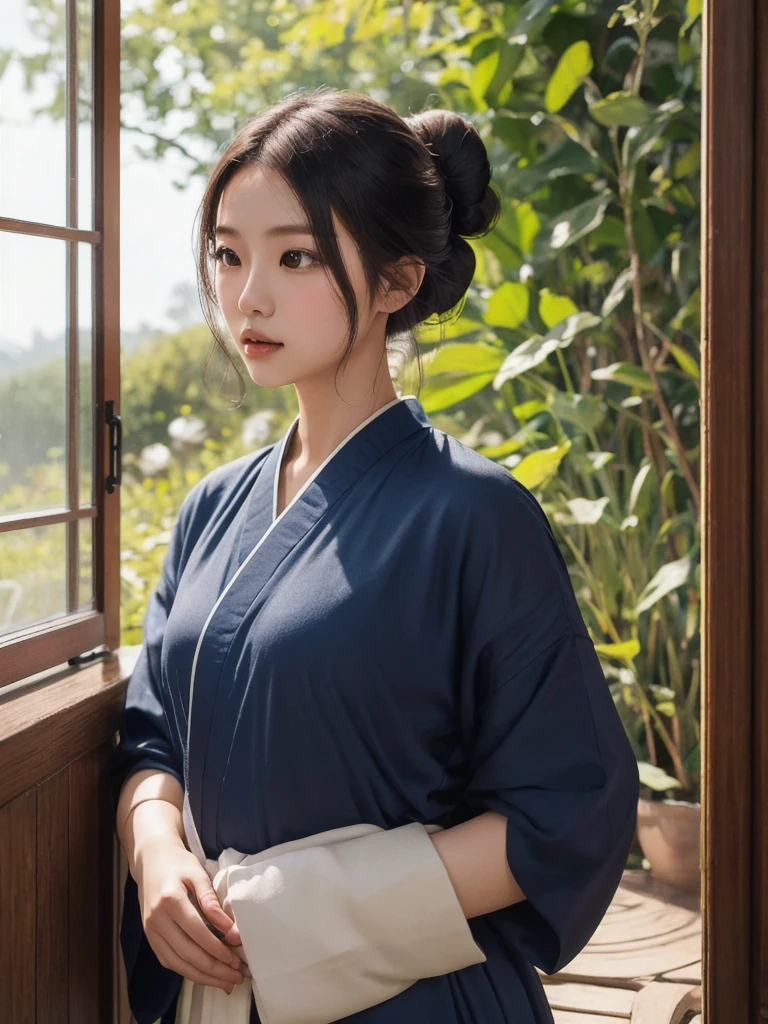 Real, cinematic, high quality photo, extremely beautiful young Asian lady, Taoist style, conservative half-length style, hairstyle in bun, soft light, wearing dark blue Taoist robe, soft emotions, social media feeling background, sunshine, realism, surreal, Highly detailed, shot with a Sony a1 camera