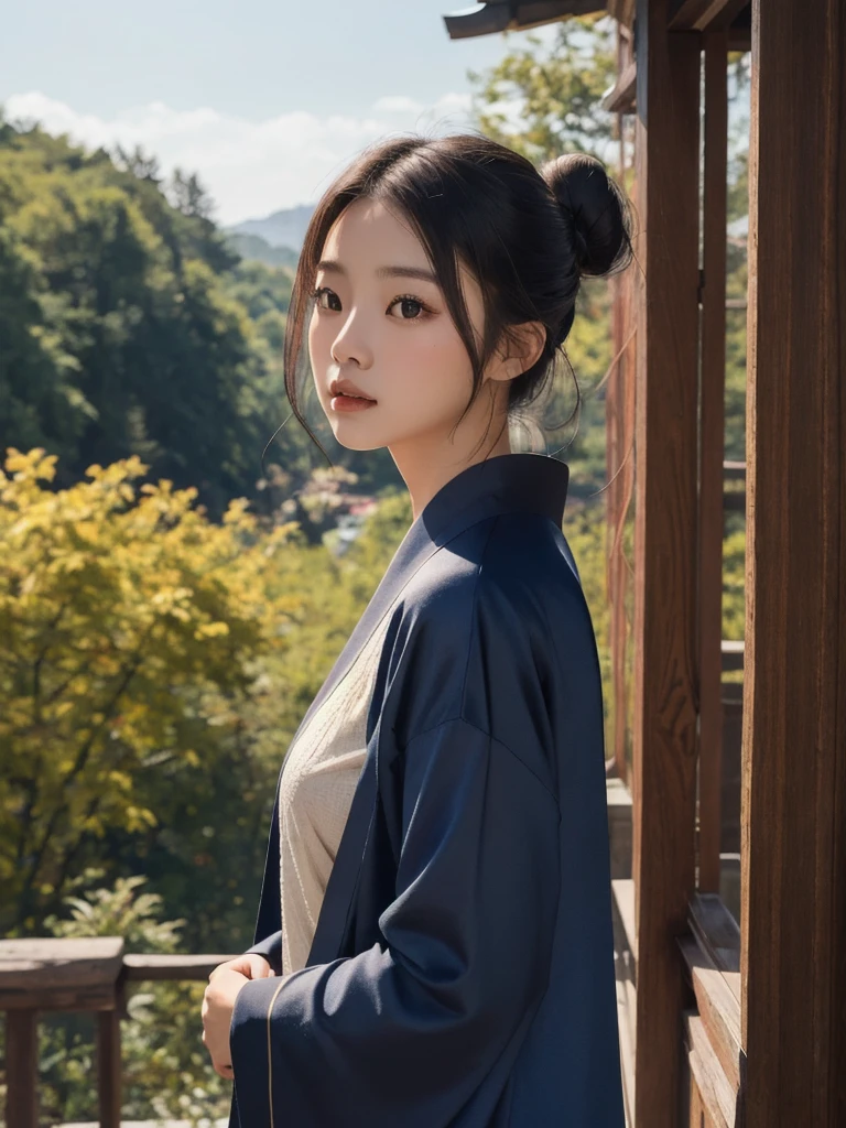Real, cinematic, high quality photo, extremely beautiful young Asian lady, Taoist style, conservative half-length style, hairstyle in bun, soft light, wearing dark blue Taoist robe, soft emotions, social media feeling background, sunshine, realism, surreal, Highly detailed, shot with a Sony a1 camera