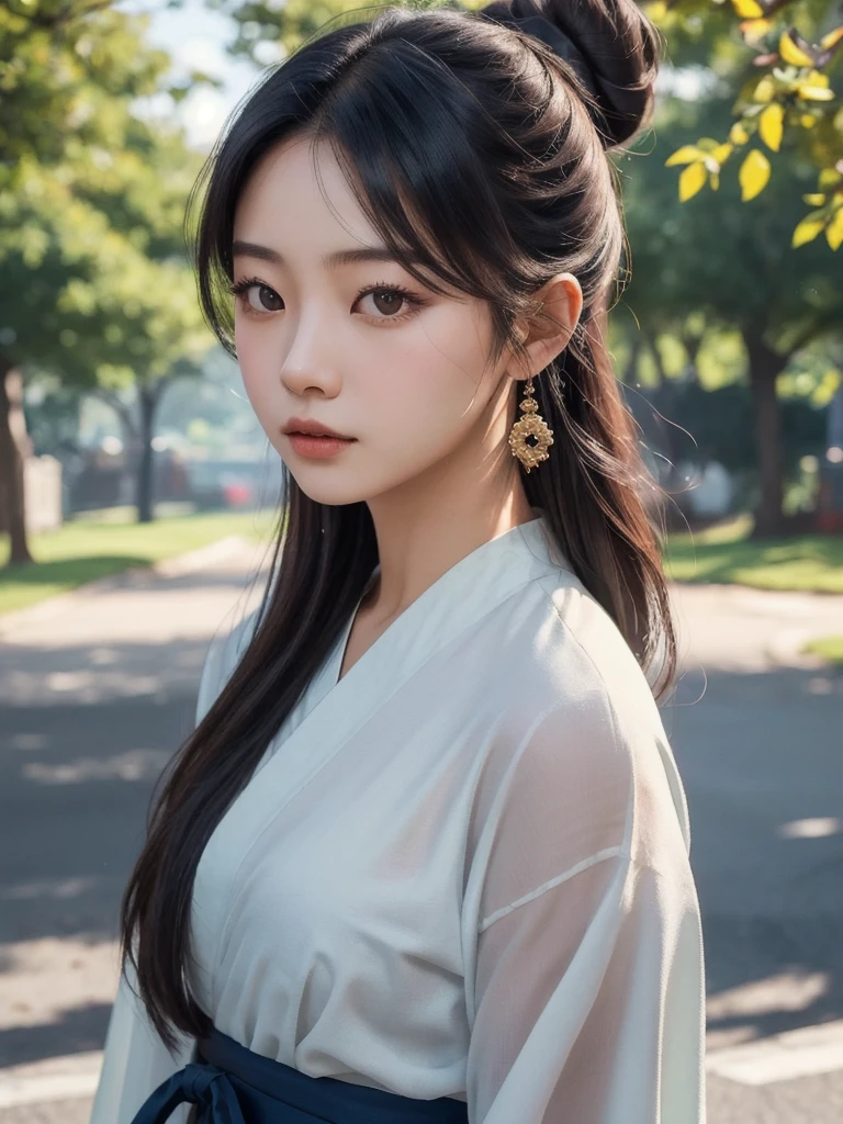 Real, cinematic, high quality photo, extremely beautiful young Asian lady, Taoist style, conservative half-length style, hairstyle in bun, soft light, wearing dark blue Taoist robe, soft emotions, social media feeling background, sunshine, realism, surreal, Highly detailed, shot with a Sony a1 camera