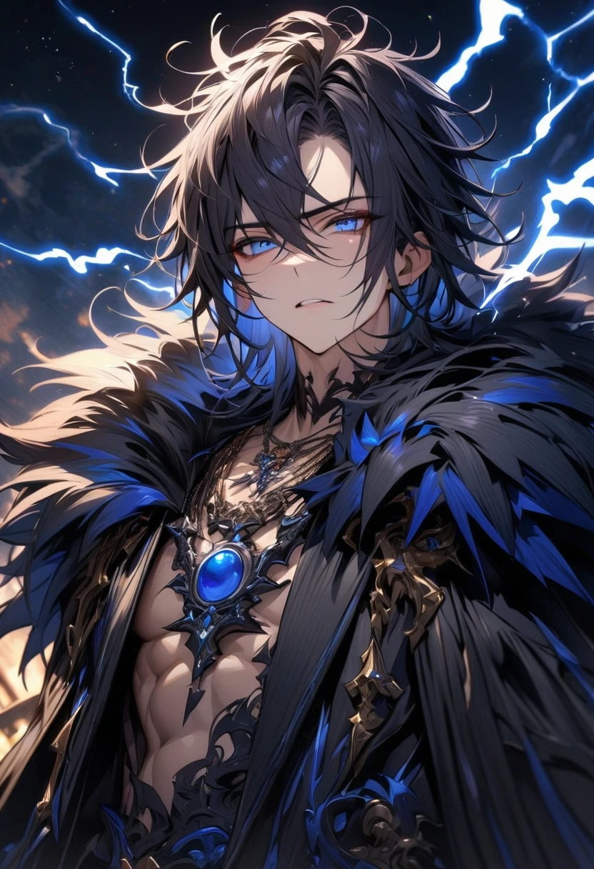 absurdres, highres, ultra detailed, HDR, master piece, best quality, Luka, black hair, messy hair windswept, expressive blue eyes, Demon Sorrow, solo, sexy man, handsome, black cape with fur, necklace, blue lightning, fantasy, blue small orbs, starry sky background