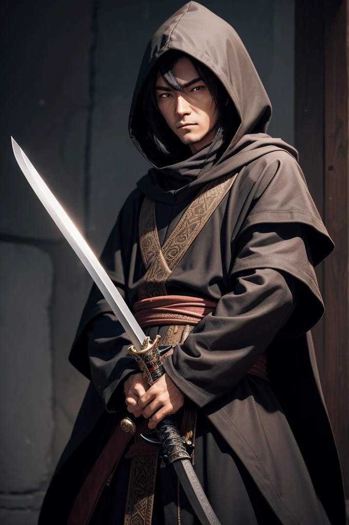 Game character a wise man with a hood and black wizard clothes with black hair and brown eyes with a katana in his hand