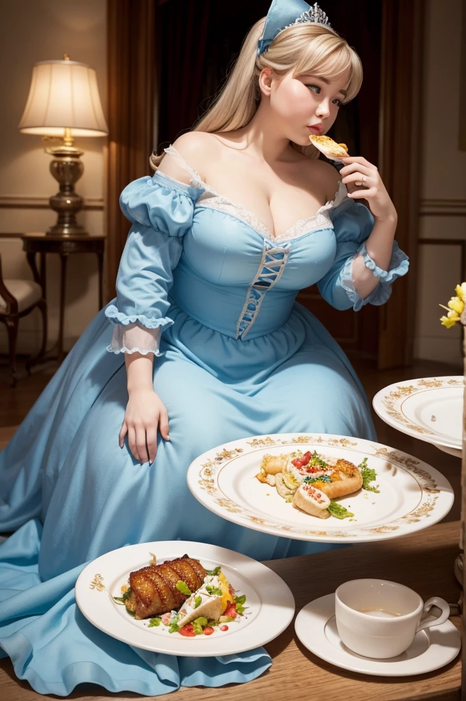 Cinderella is fat, but very fat, and she is eating many plates of food next to her.