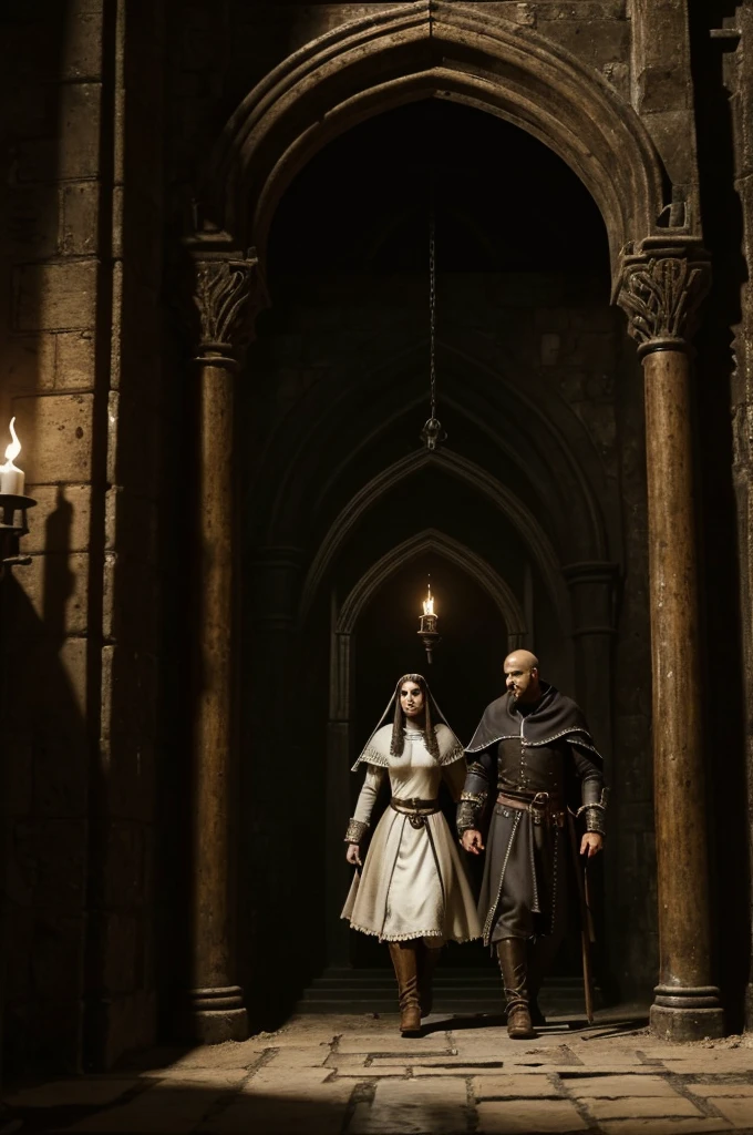 Screenshot (image of the entrance to the dark and gloomy court of the inquisition,Isabela, a white girl with brown eyes and hair,chained,is brought before Friar Martín, an experienced inquisitor,who is a white man with light brown eyes and hair)