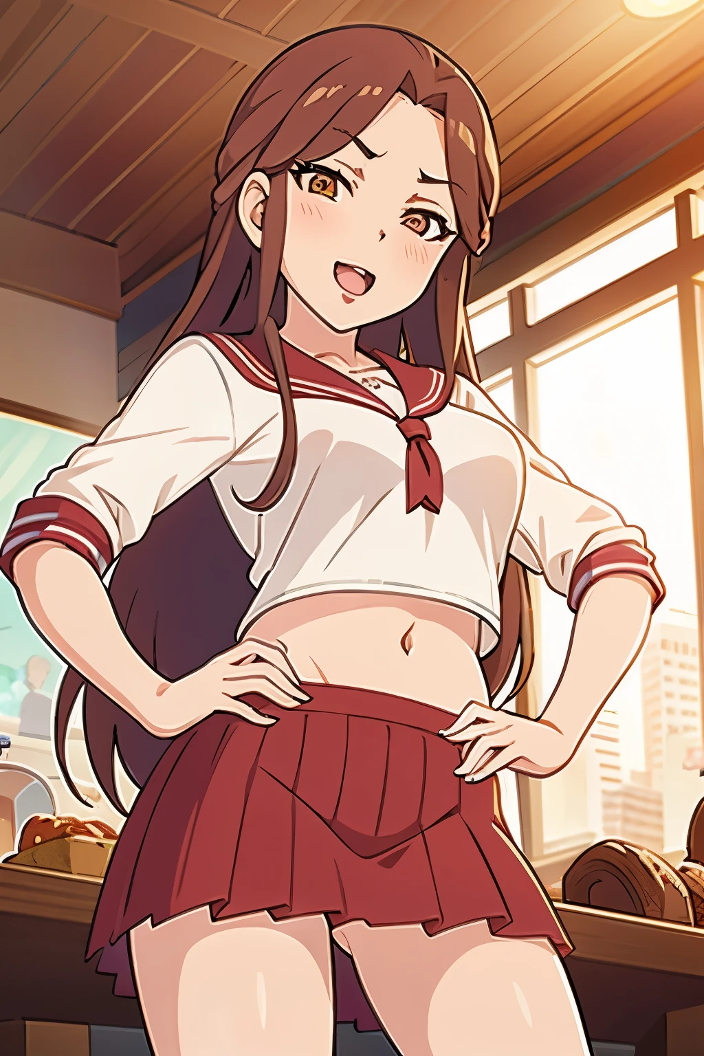 Brown Hair, Small ???????, 1girl, 独奏, large ??????, blush, lipstick, masterpiece, best quality, highly detailed, a anime girls in sailor uniforms with a gun posing for a picture,
evil smile, smile, open mouth,black_serafuku, ????? anime style, anime girls , (????) ?????????????????,
????? style, ?????, shipgirls, digital anime art!!, high school girls, holding a gun, hold a gun, anime style 4
k, micro skirt, exposed belly, exposed navel, exposed midriff,
exposed lower belly,school, classroom