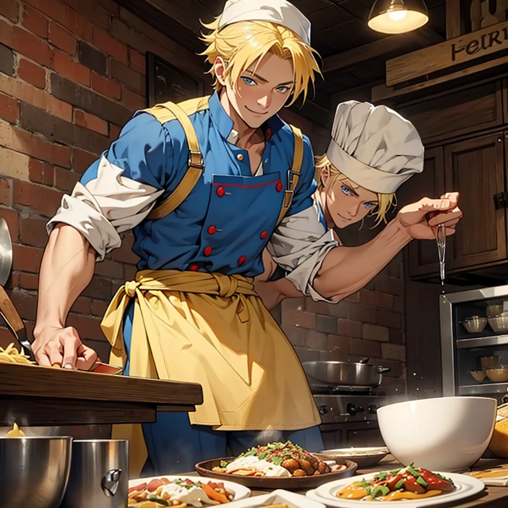 A 22 year old man, blond hair, yellow hair, blue eyes, chef's clothes, wearing a chef's hat, hands hidden, happy expression, medieval period, Ultra HD 4k, 4k, Ultra HD