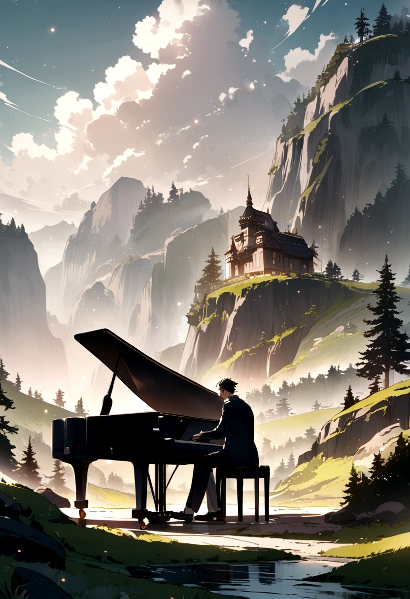 Elegant man playing piano and more instruments in a beautiful landscape