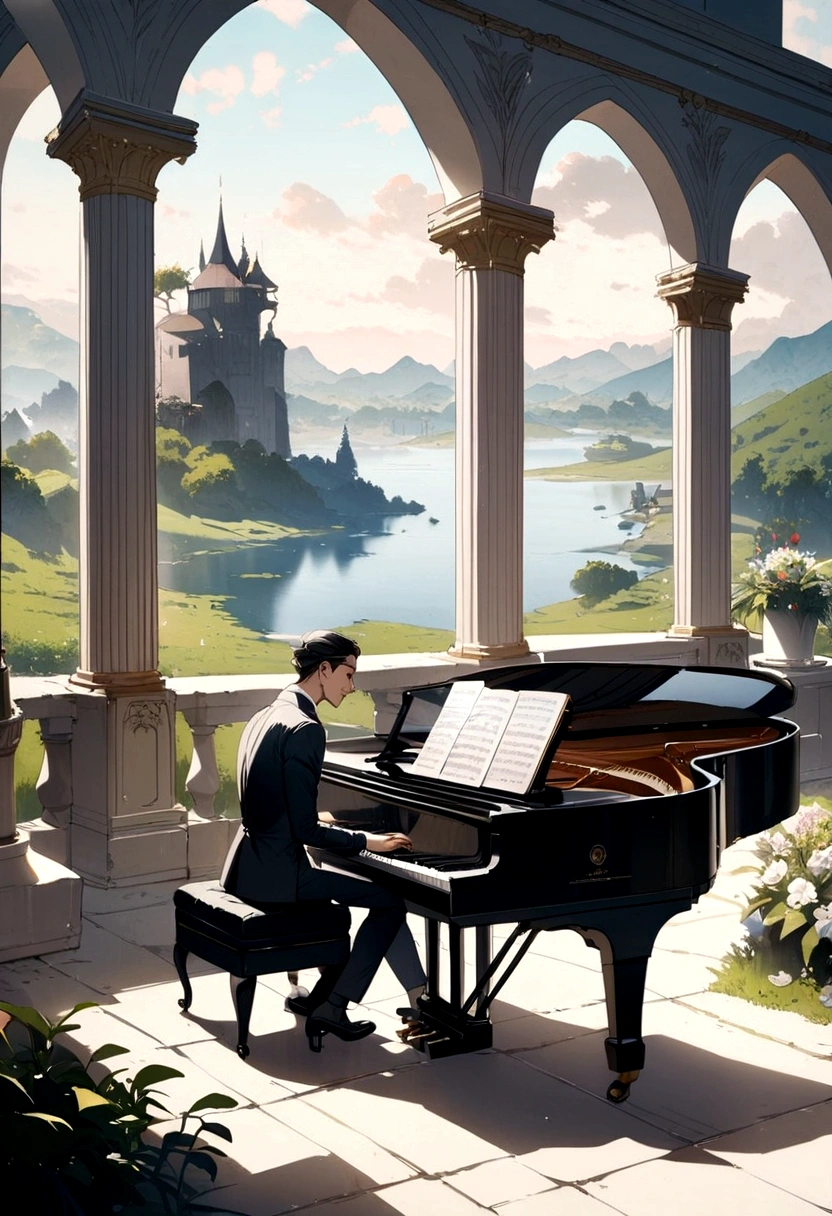 Elegant man playing piano and more instruments in a beautiful landscape 