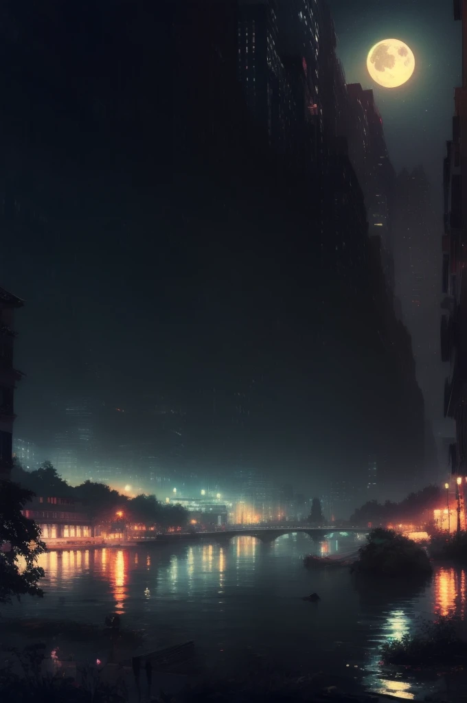 アジアの家のNight view, Vietnam, Vietnam, Hazan, moon, Lake in the foreground, quiet night, Green and Blue, Digital Illustration, Highly detailed digital art in 4K, Night view, anime art wallpaper 4k, anime art wallpaper 4k, 4K Detailed Digital Art, Natural scenery at night, Anime Art Wallpapers 8K, Background artwork, Beautiful Art UHD 4K, 4k HD illustration wallpaper