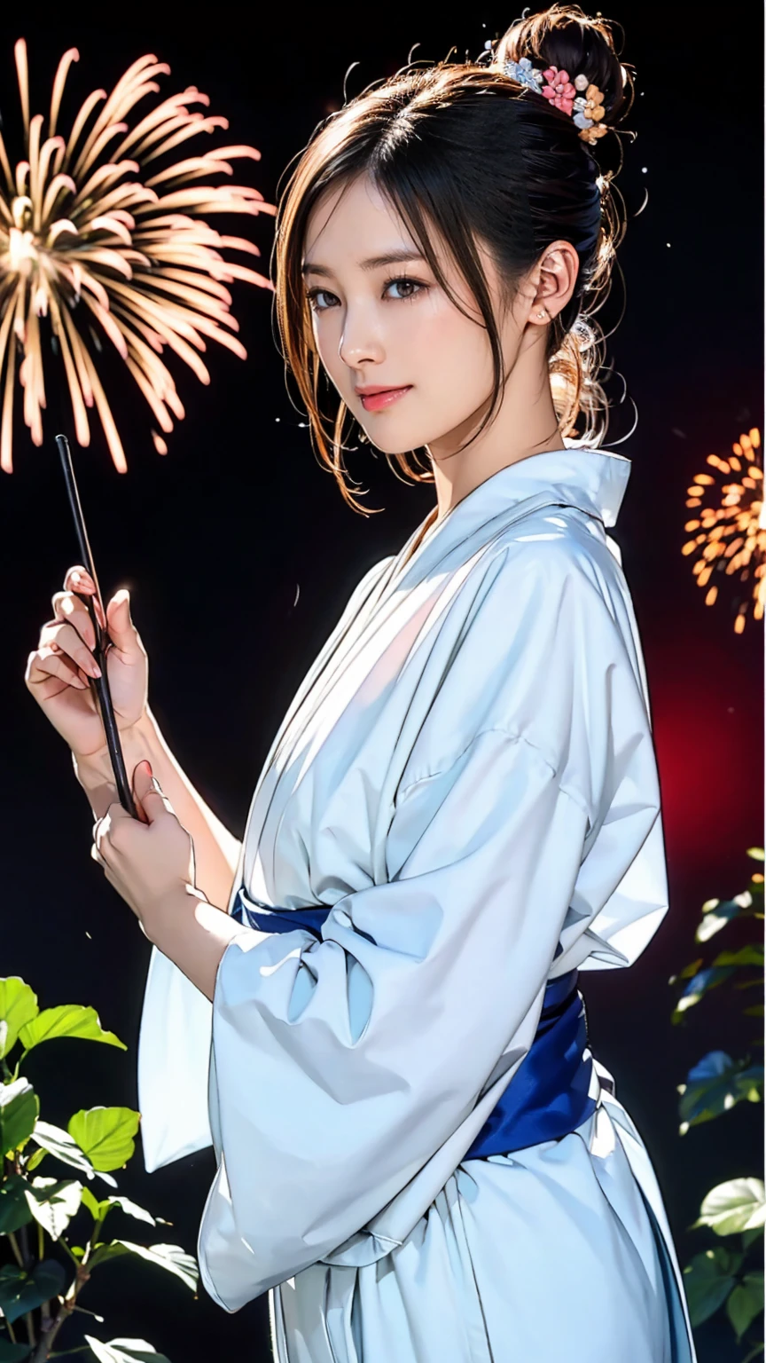 ((masterpiece)),(((Highest quality))),((Character design sheet)),Japanese yukata with flashy plant and floral patterns:1.5，Stylish sandals:1.5，The best smile:1.5，Upper Body Shot:1.5，Night fireworks background:1.5，Flashy makeup with red eyeshadow:1.5，Bun Hair:1.5，