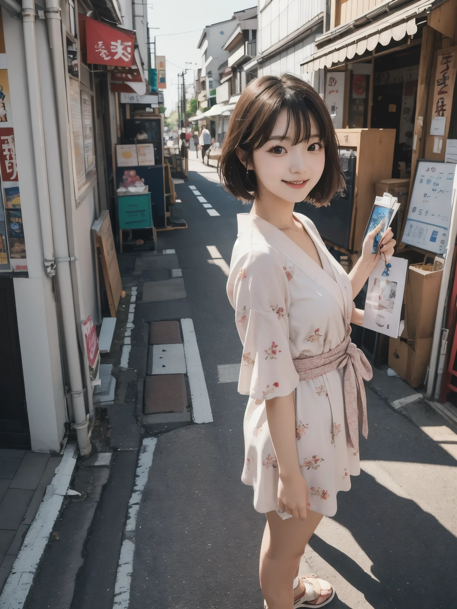 a full body Photo of a Japanese Girl on the Street in Summer. She is 29 years old as known as a member of Japanese Idol Nogizaka46 is smiling faintly. (Documentary photo Style, Digital Photo Medium, Natural Lighting, High Angle)