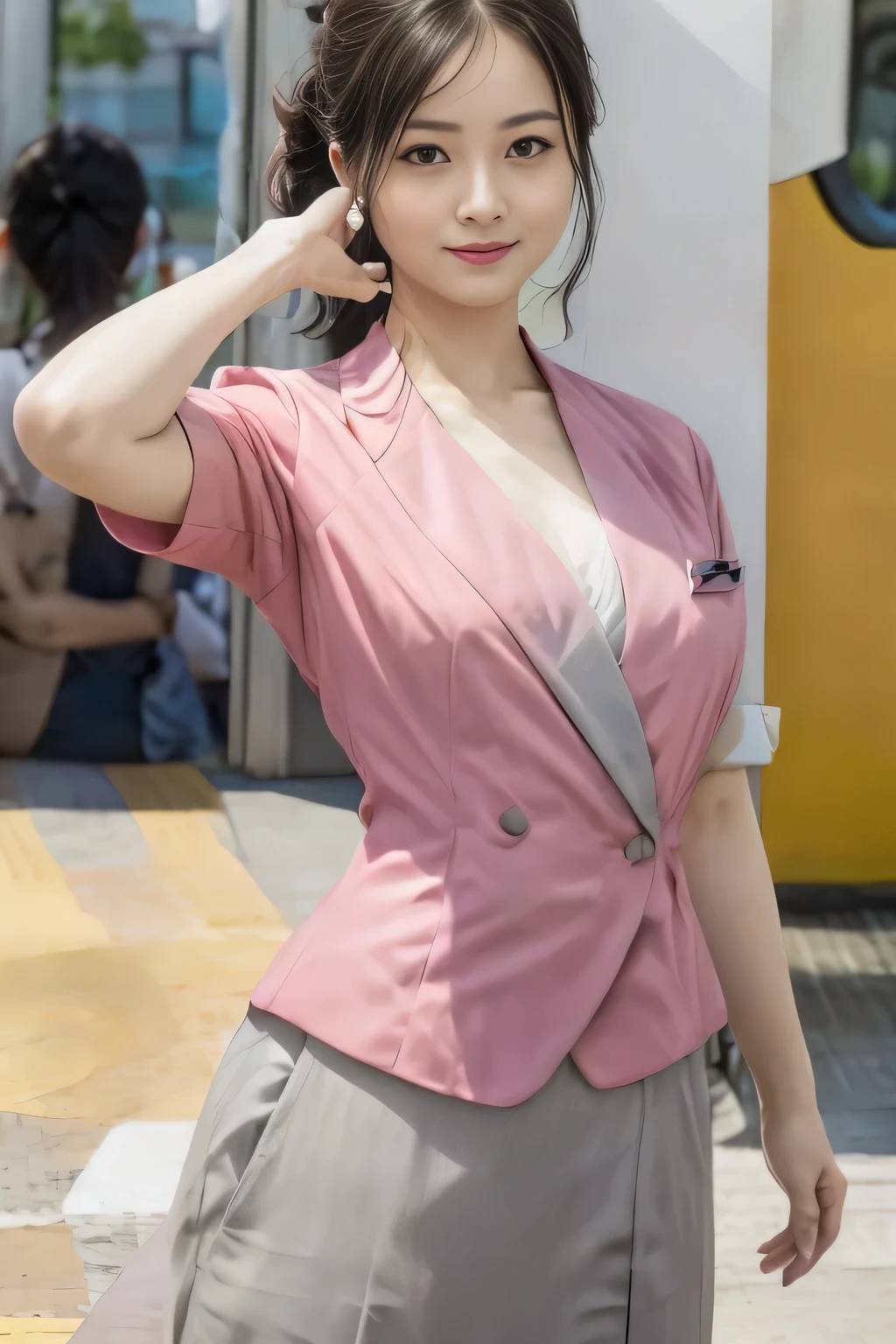 (masterpiece:1.2, Highest quality:1.2), 32k HDR, High resolution, (alone、1 girl)、 (Height: 160cm)、(On the rooftop of a building in the daytime、Professional Lighting)、Building rooftop background、(Nankai train crew uniform pinkを着たリアルスタイル)、(Nankai train crew uniform pink short sleeve collarless pink jacket、Nankai Train Crew Uniform Pink Collarless Short Sleeve Blouse、Nankai Train Crew Uniform Pink Grey Knee-length Culottes)、(The pink jacket is showing from the culottes.)、Dark brown hair、(Hair tied up、Hair tied up、Evening curly hairstyle)、Dark brown hair、Long Shot、Big Breasts、Thin legs、((Great hands:2.0)),((Harmonious body proportions:1.5)),((Normal limbs:2.0)),((Normal finger:2.0)),((Delicate eyes:2.0)),((Normal eyes:2.0)))、smile、(Nankai Train Crew Uniform Pink Grey Knee-length Culottesを見せた美しい歩く姿)、Place your hands around your stomach、Lanyard employee ID card
