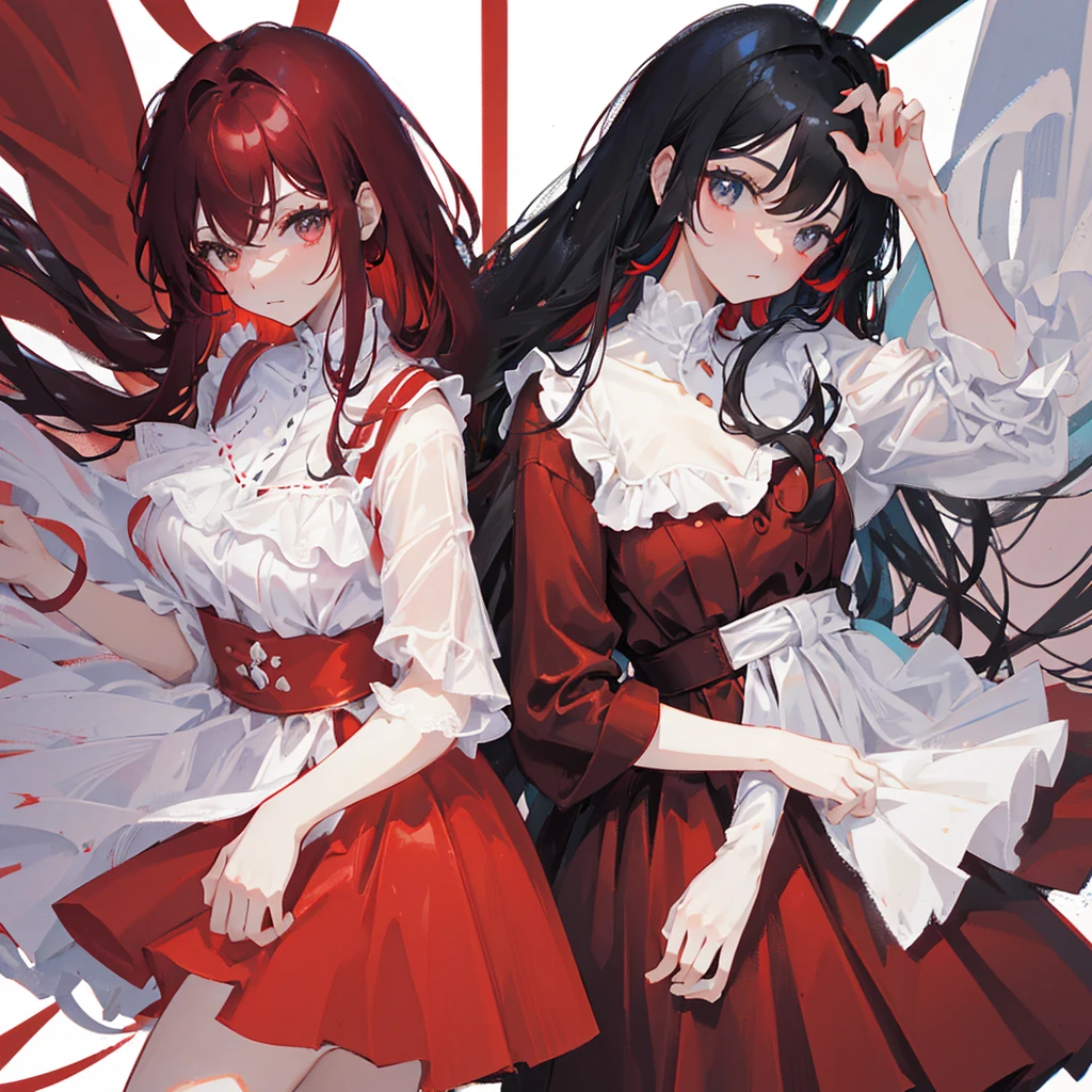 Two women，One red hair and one black hair，A white dress and a red dress，skirt，((Solid red background))