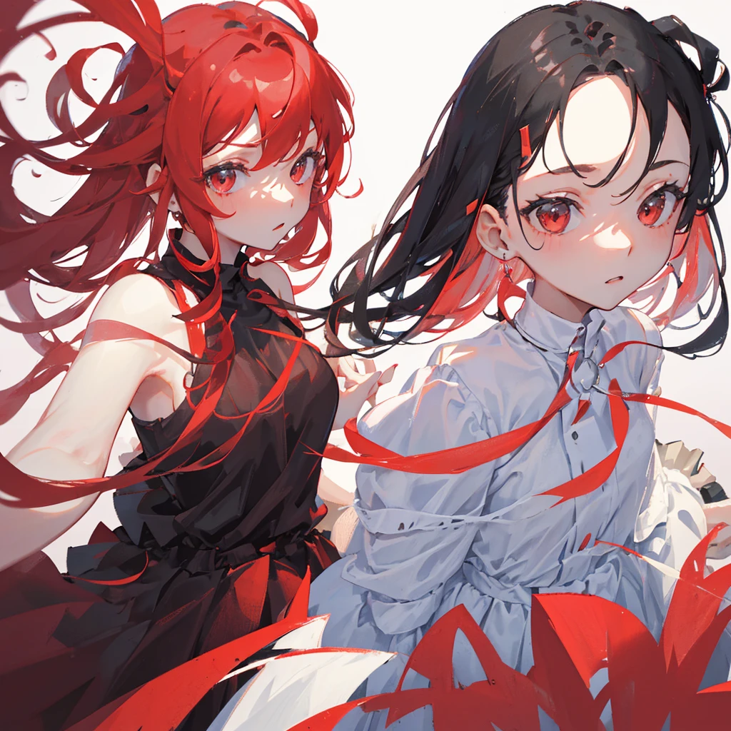Two women,One red hair and one black hair,A white dress and a red dress,skirt,((Solid red background))