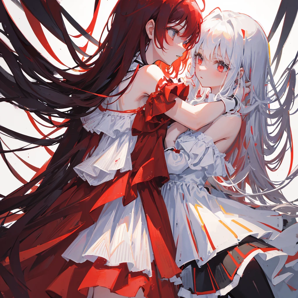 Two women,One red hair and one black hair,A white dress and a red dress,skirt,((Solid red background))