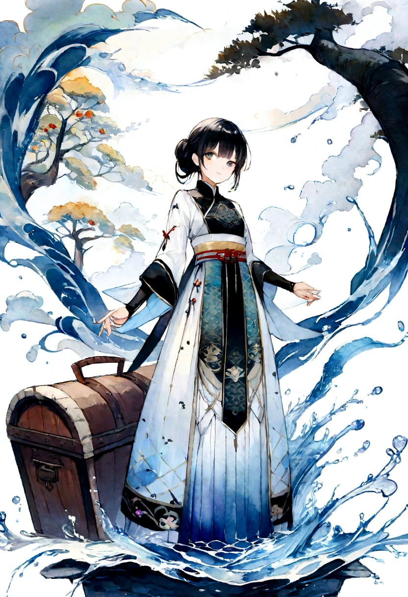 (trunk: 1.5),(White background:1.4), ((tachi-e)), original,(illustration:1.1),(best qualityer),(work of art:1.1),(Extremely detailed CG 8k unity wallpaper:1.1), (colorfully:0.9),(panoramic photo:1.4),(whole body:1.05),(standing alone:1.2), (ink spatter),(color splashing),((water colour)), clear and sharp focus,{ 1 girl standing },((chinese style )),flower background,plein-air,stones, gazing at viewer, make happy expressions,soft smiling,puros,beautiful face and detailed eyes,Beautiful complexity clothing decorative pattern details, Bblack hair,eyes black,água colorfully 