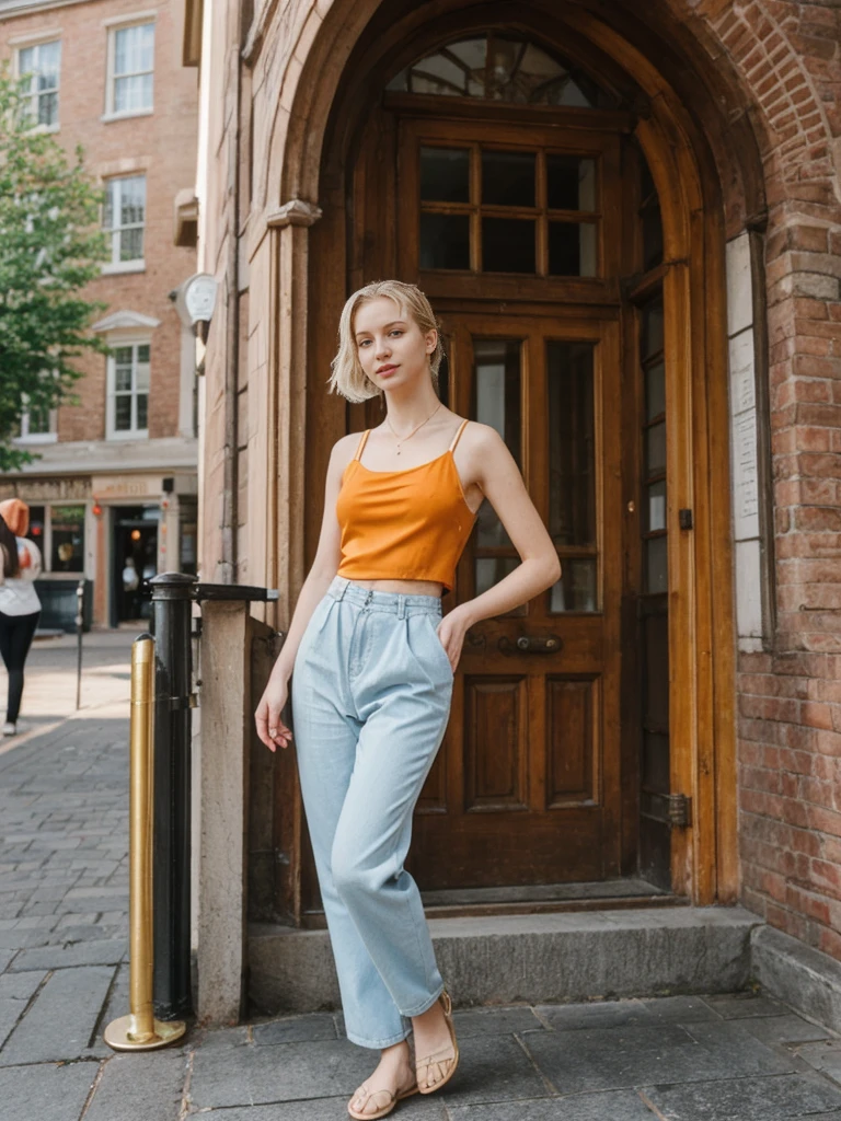 her name is Elle, high quality, 1girl, ((20-year-old fit Caucasian woman)), ((20 years old)), ((fit)), ((pale skin)), ((sleek ponytail blonde colored hair)) , wearing Bright Orange Silk Cowl Neck Tank + High-Waisted Wide-Leg Trousers, pose: standing, background: Describe the historic and academic atmosphere of Harvard Square in Cambridge, with its historic buildings, vibrant student life, and eclectic shops and cafes