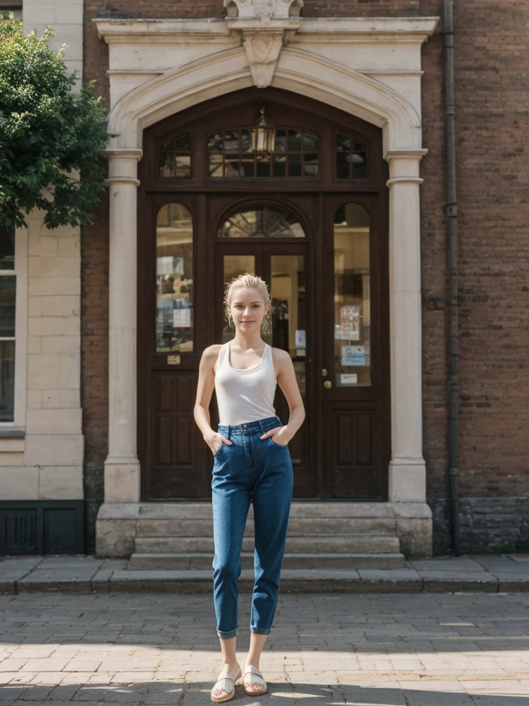 her name is Elle, high quality, 1girl, ((20-year-old fit Caucasian woman)), ((20 years old)), ((fit)), ((pale skin)), ((sleek ponytail blonde colored hair)) , wearing Bright Orange Silk Cowl Neck Tank + High-Waisted Wide-Leg Trousers, pose: standing, background: Describe the historic and academic atmosphere of Harvard Square in Cambridge, with its historic buildings, vibrant student life, and eclectic shops and cafes