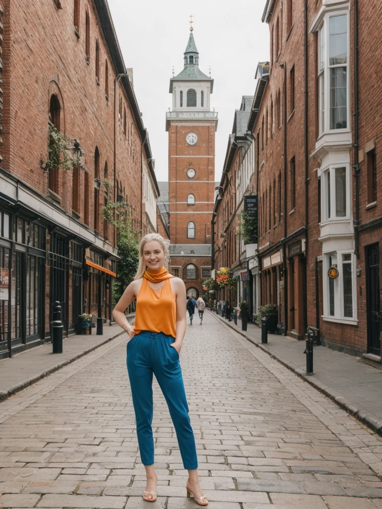 her name is Elle, high quality, 1girl, ((20-year-old fit Caucasian woman)), ((20 years old)), ((fit)), ((pale skin)), ((sleek ponytail blonde colored hair)) , wearing Bright Orange Silk Cowl Neck Tank + High-Waisted Wide-Leg Trousers, pose: standing, background: Describe the historic and academic atmosphere of Harvard Square in Cambridge, with its historic buildings, vibrant student life, and eclectic shops and cafes