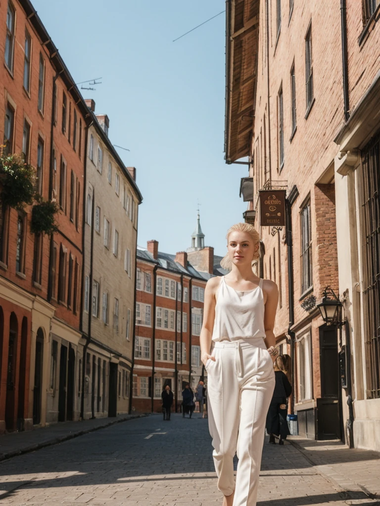 her name is Elle, high quality, 1girl, ((20-year-old fit Caucasian woman)), ((20 years old)), ((fit)), ((pale skin)), ((sleek ponytail blonde colored hair)) , wearing Bright Orange Silk Cowl Neck Tank + High-Waisted Wide-Leg Trousers, pose: standing, background: Describe the historic and academic atmosphere of Harvard Square in Cambridge, with its historic buildings, vibrant student life, and eclectic shops and cafes