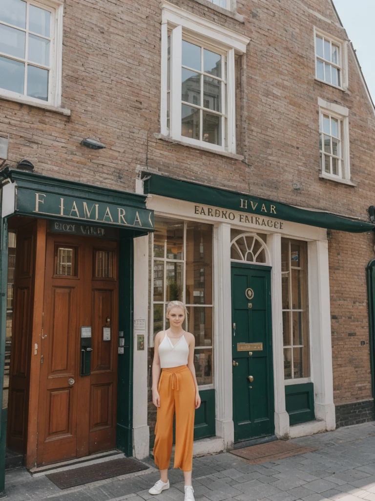her name is Elle, high quality, 1girl, ((20-year-old fit Caucasian woman)), ((20 years old)), ((fit)), ((pale skin)), ((sleek ponytail blonde colored hair)) , wearing Bright Orange Silk Cowl Neck Tank + High-Waisted Wide-Leg Trousers, pose: standing, background: Describe the historic and academic atmosphere of Harvard Square in Cambridge, with its historic buildings, vibrant student life, and eclectic shops and cafes