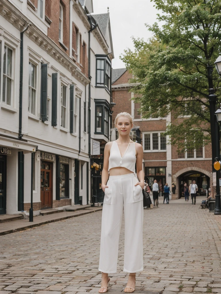her name is Elle, high quality, 1girl, ((20-year-old fit Caucasian woman)), ((20 years old)), ((fit)), ((pale skin)), ((sleek ponytail blonde colored hair)) , wearing Bright Orange Silk Cowl Neck Tank + High-Waisted Wide-Leg Trousers, pose: standing, background: Describe the historic and academic atmosphere of Harvard Square in Cambridge, with its historic buildings, vibrant student life, and eclectic shops and cafes