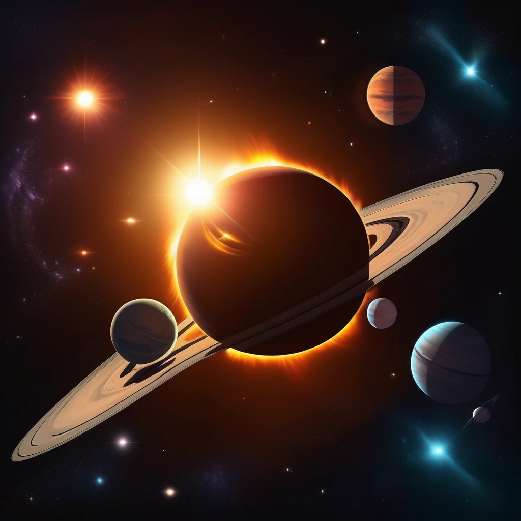 A very beautiful sun, in space with several planets in the background